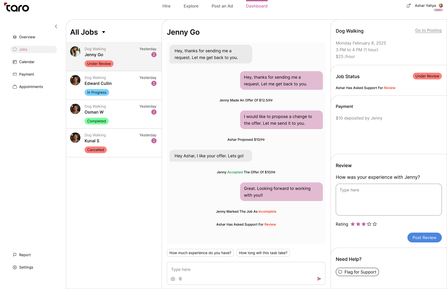 Taro jobs dashboard
